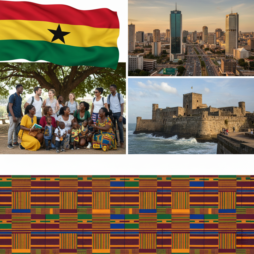 Ghana landscape with students learning English