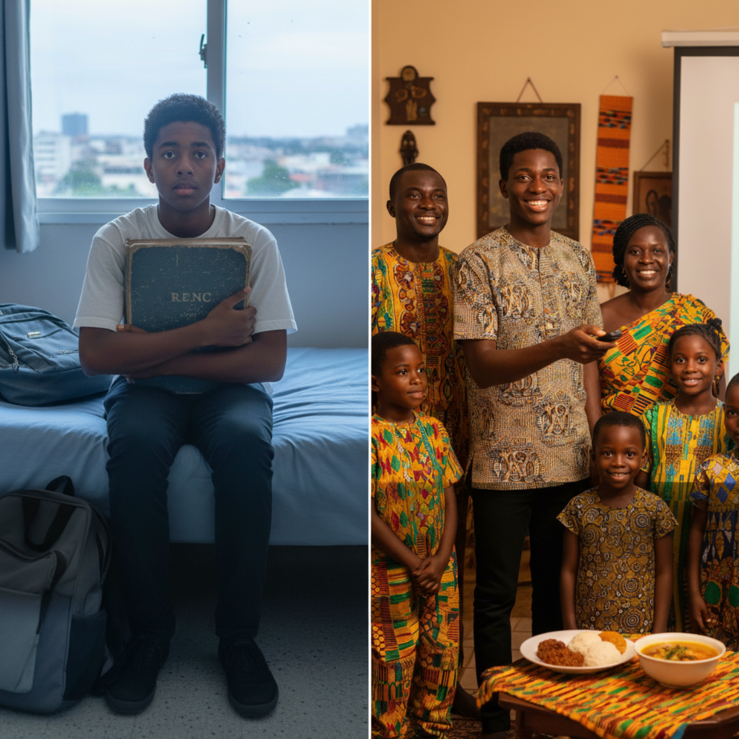 Before and after immersion: Student studying alone vs. happy family immersion experience in Ghana